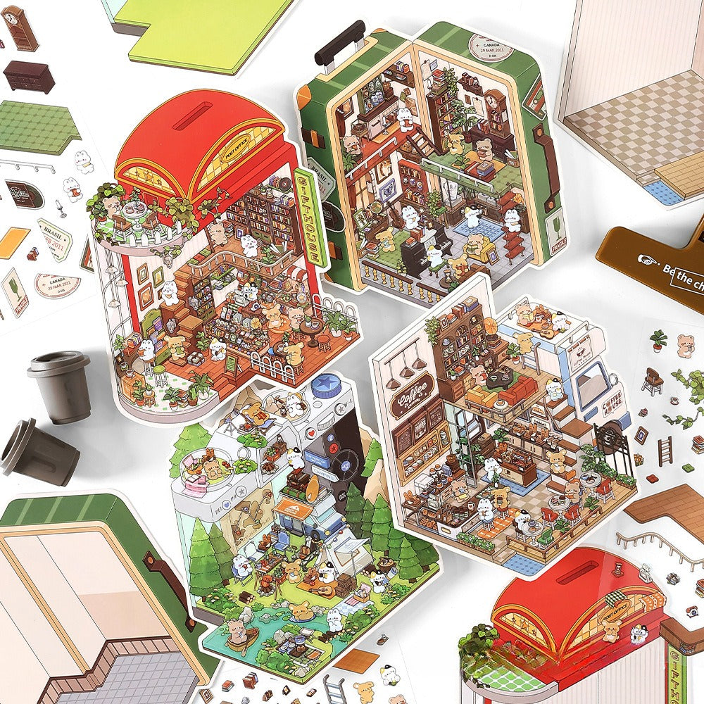 JRYY Drop 6 DIY 3D Sticker Scene, Cute Cartoon Animal Patterns, Stress Relief Therapy Stickers for Adults & Kids, Reusable Isometric Scene Stickers, Gift for Craft Lovers