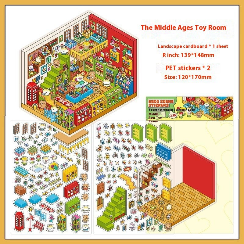 JRYY Drop 4 DIY 3D Sticker Scene, Cute Cartoon Animal Patterns, Stress Relief Therapy Stickers for Adults & Kids, Reusable Isometric Scene Stickers, Gift for Craft Lovers