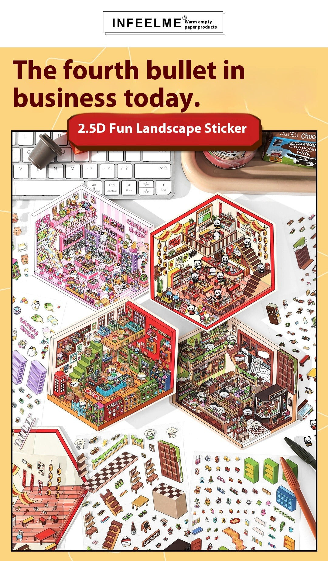 JRYY Drop 4 DIY 3D Sticker Scene, Cute Cartoon Animal Patterns, Stress Relief Therapy Stickers for Adults & Kids, Reusable Isometric Scene Stickers, Gift for Craft Lovers