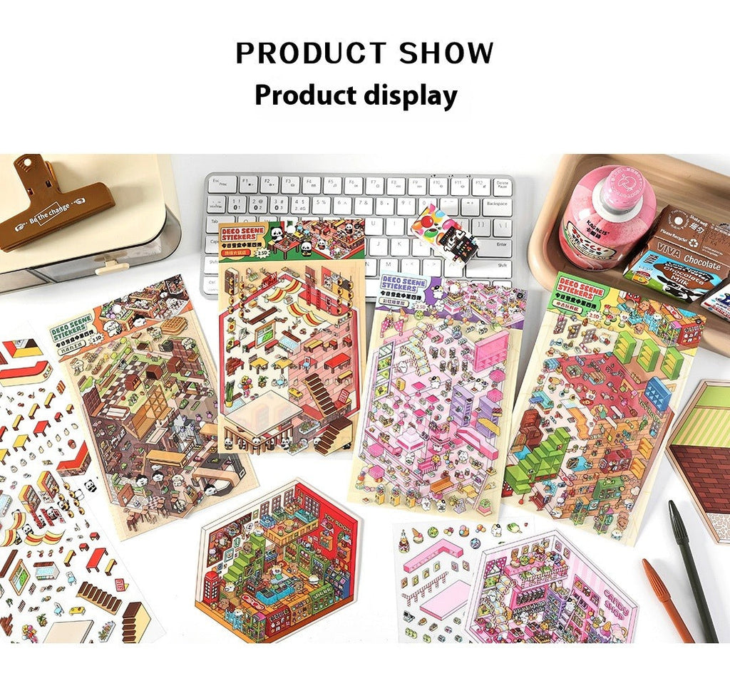 JRYY Drop 6 DIY 3D Sticker Scene, Cute Cartoon Animal Patterns, Stress Relief Therapy Stickers for Adults & Kids, Reusable Isometric Scene Stickers, Gift for Craft Lovers