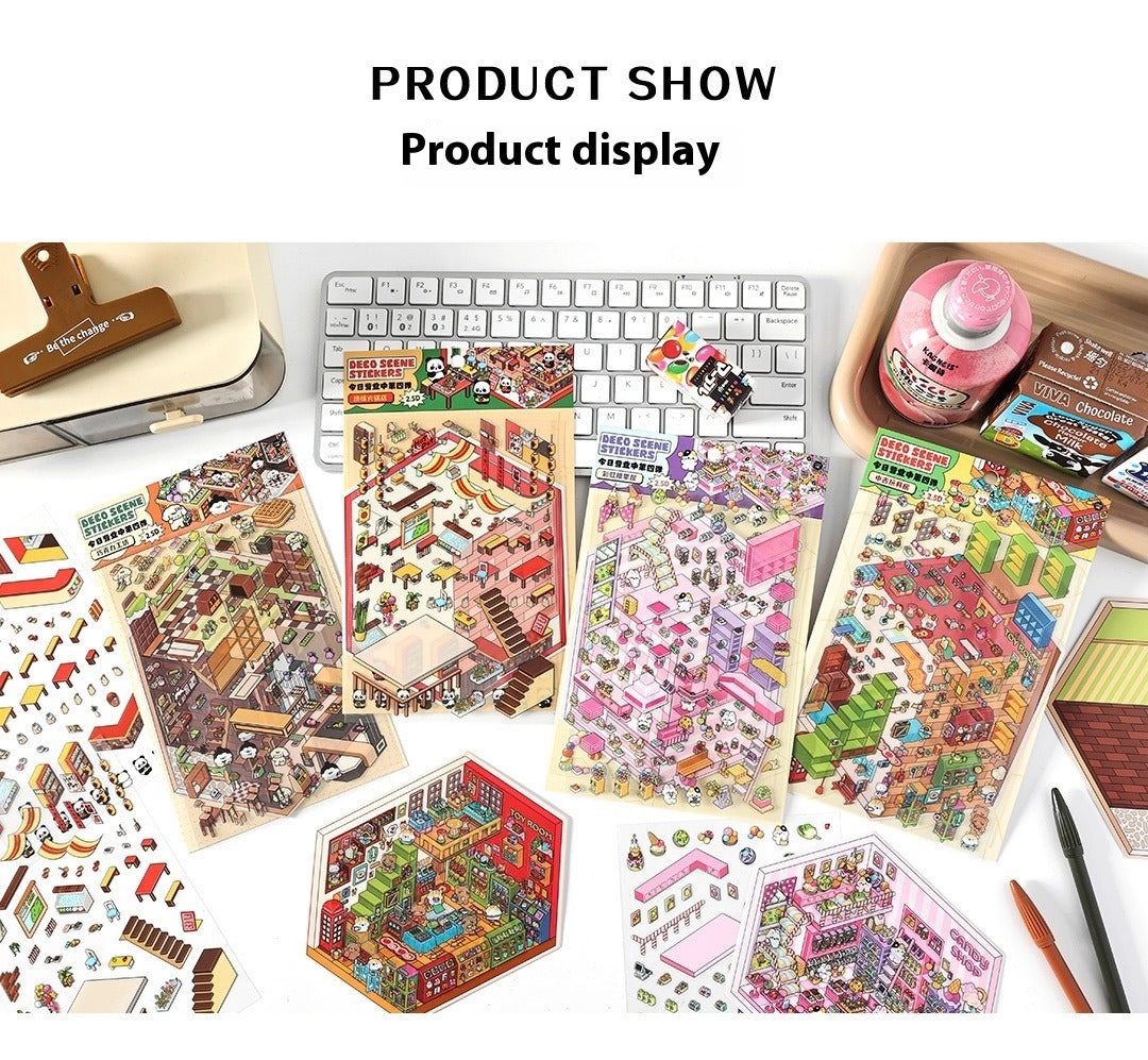 JRYY Drop 4 DIY 3D Sticker Scene, Cute Cartoon Animal Patterns, Stress Relief Therapy Stickers for Adults & Kids, Reusable Isometric Scene Stickers, Gift for Craft Lovers