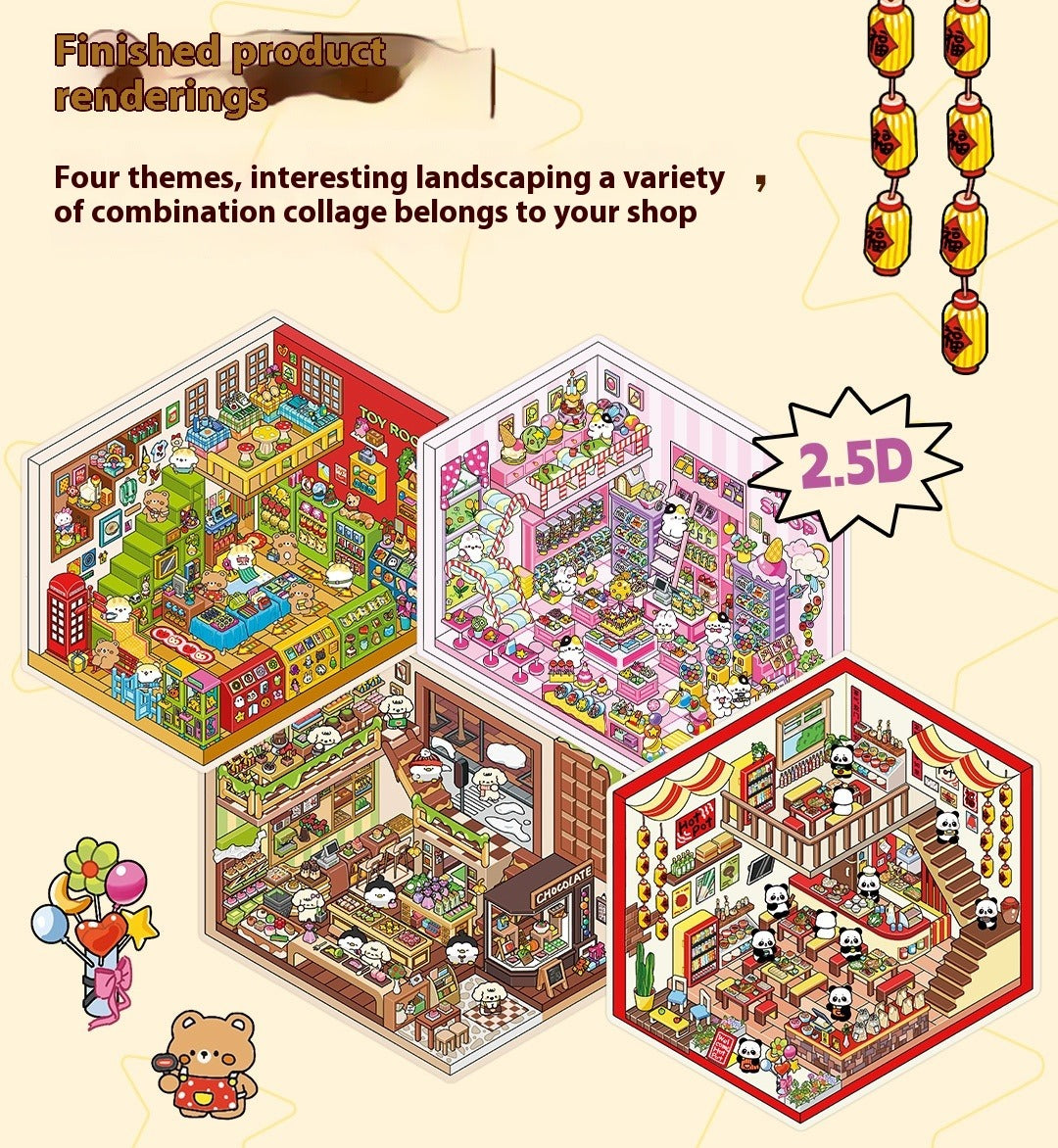 JRYY Drop 4 DIY 3D Sticker Scene, Cute Cartoon Animal Patterns, Stress Relief Therapy Stickers for Adults & Kids, Reusable Isometric Scene Stickers, Gift for Craft Lovers