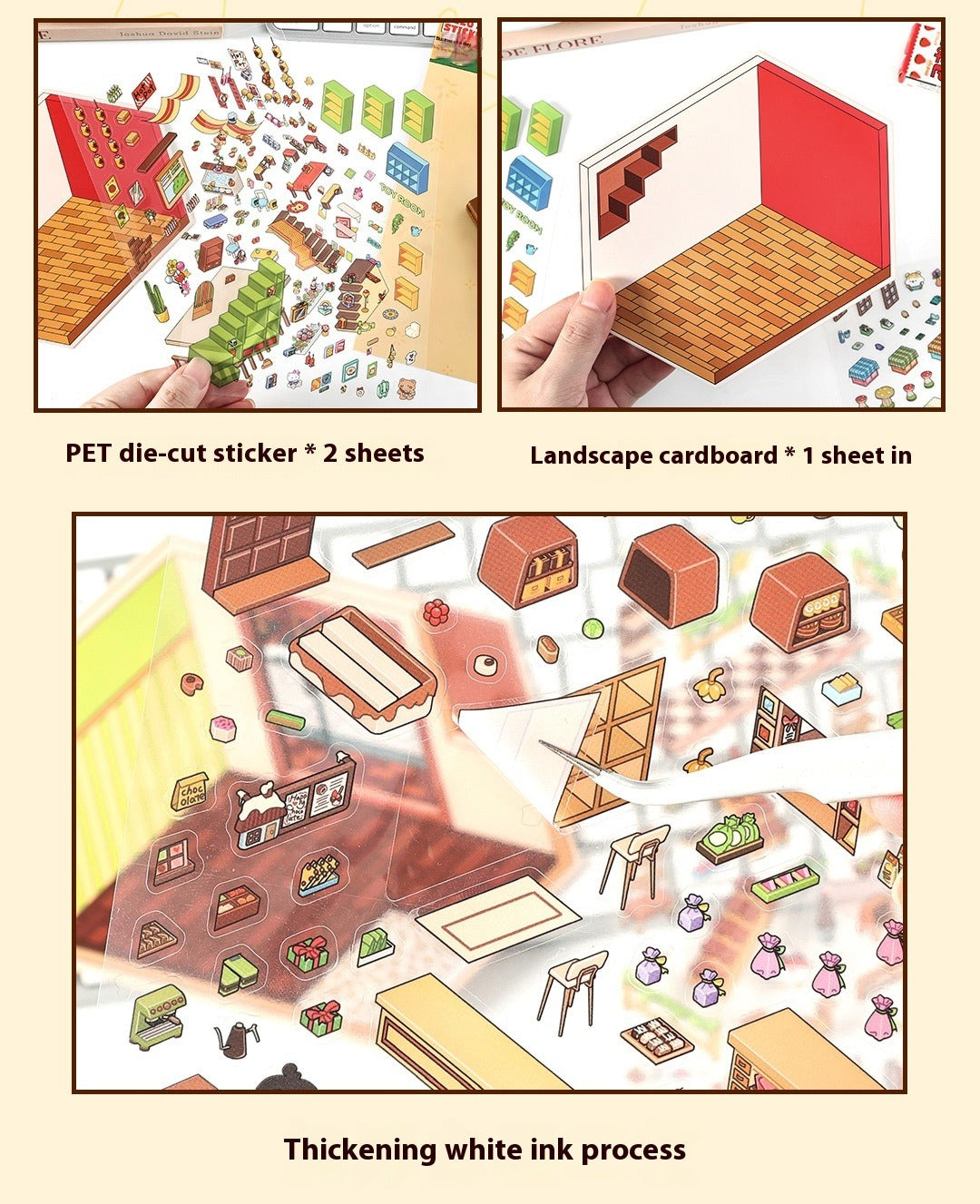 JRYY Drop 4 DIY 3D Sticker Scene, Cute Cartoon Animal Patterns, Stress Relief Therapy Stickers for Adults & Kids, Reusable Isometric Scene Stickers, Gift for Craft Lovers