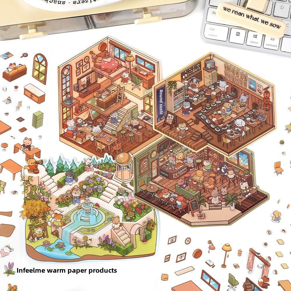 JRYY 2.5D DIY 3D Sticker Scene, Cute Cartoon Animal Patterns, Stress Relief Therapy Stickers for Adults & Kids, Reusable Isometric Scene Stickers, Gift for Craft Lovers