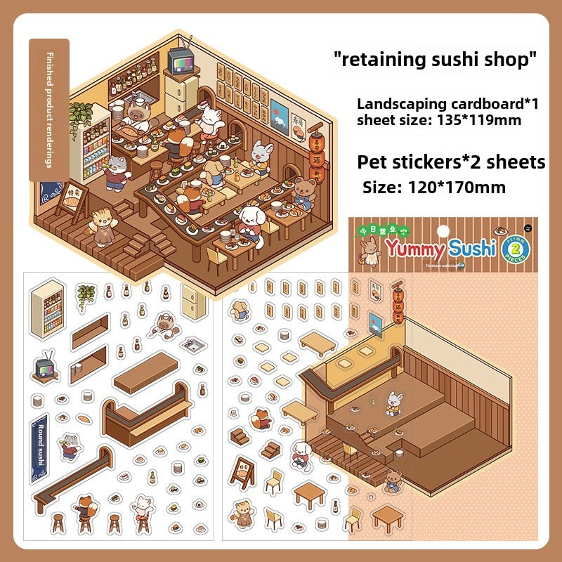 JRYY 2.5D DIY 3D Sticker Scene, Cute Cartoon Animal Patterns, Stress Relief Therapy Stickers for Adults & Kids, Reusable Isometric Scene Stickers, Gift for Craft Lovers