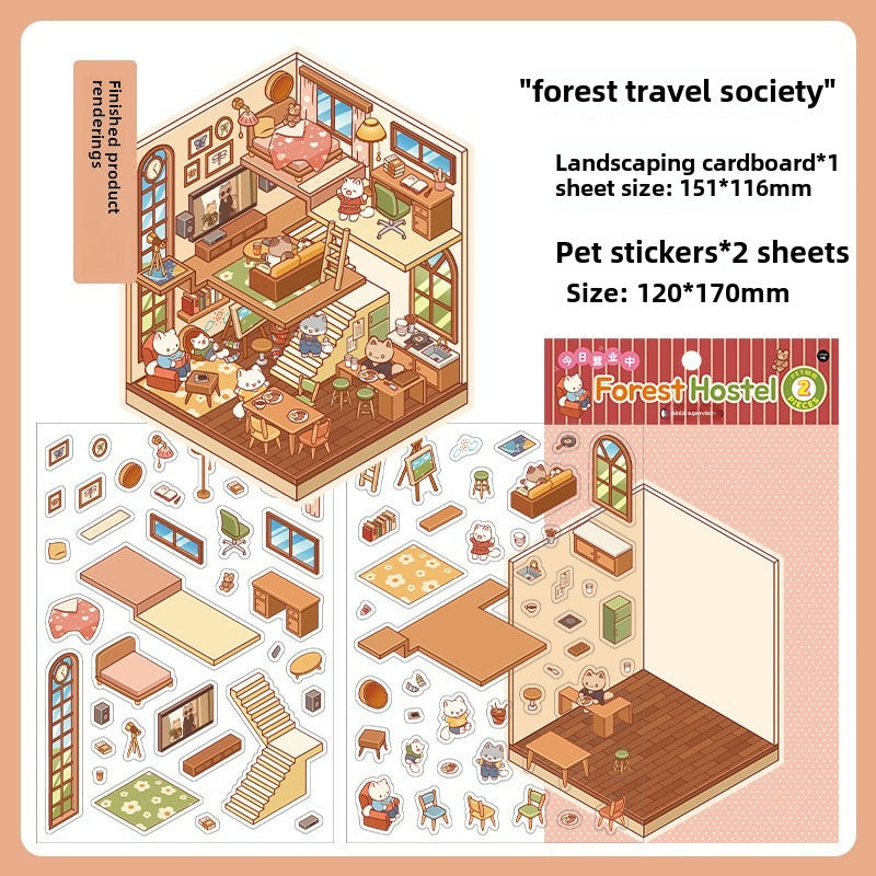 JRYY 2.5D DIY 3D Sticker Scene, Cute Cartoon Animal Patterns, Stress Relief Therapy Stickers for Adults & Kids, Reusable Isometric Scene Stickers, Gift for Craft Lovers