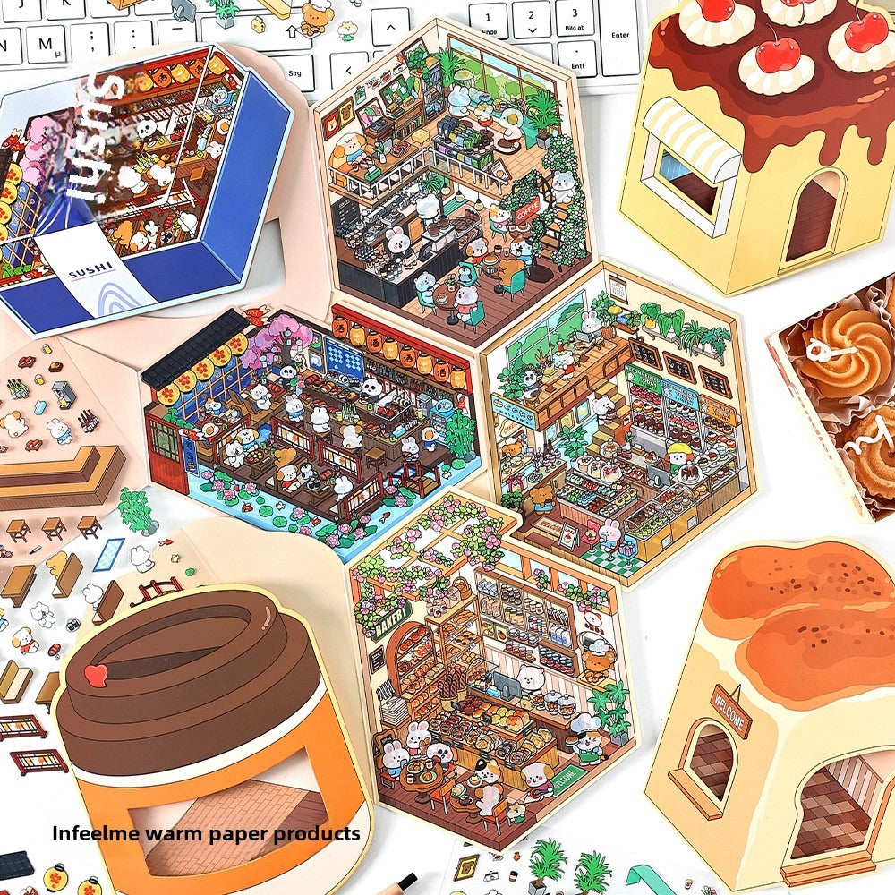 JRYY Drop 5 DIY 3D Sticker Scene, Cute Cartoon Animal Patterns, Stress Relief Therapy Stickers for Adults & Kids, Reusable Isometric Scene Stickers, Gift for Craft Lovers
