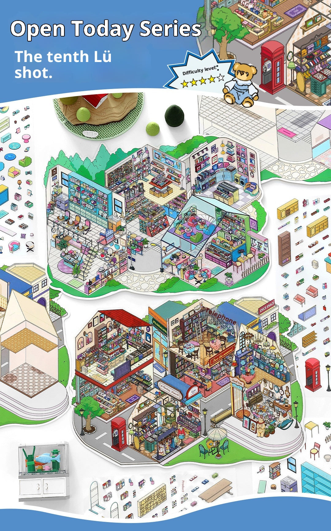 JRYY-22 2 Set Large DIY Miniature Landscape Sticker Set 9.7 x 7 inch, Scene Sticker Over 500 Pieces Decorative Elements, Creative Home Decor, Stress Relief Activity Kit