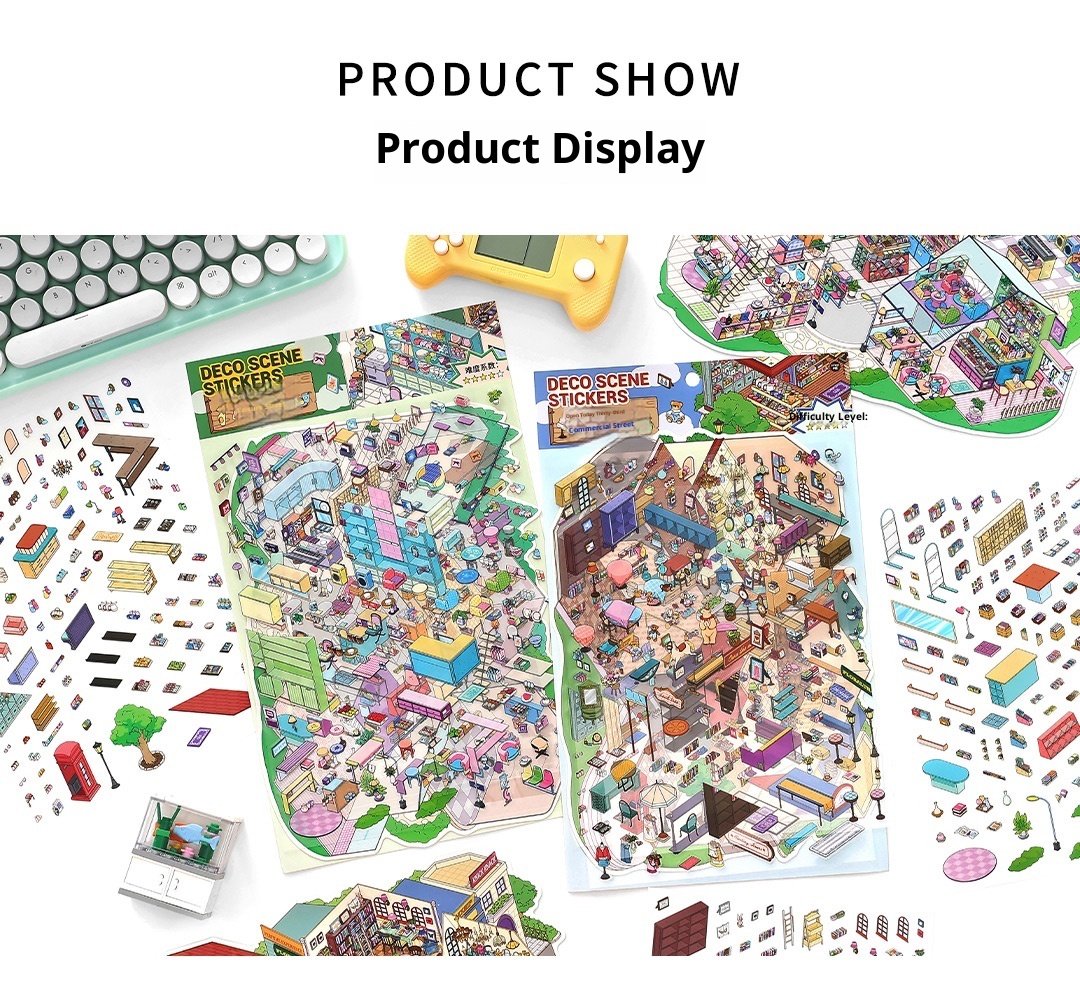 JRYY-22 2 Set Large DIY Miniature Landscape Sticker Set 9.7 x 7 inch, Scene Sticker Over 500 Pieces Decorative Elements, Creative Home Decor, Stress Relief Activity Kit