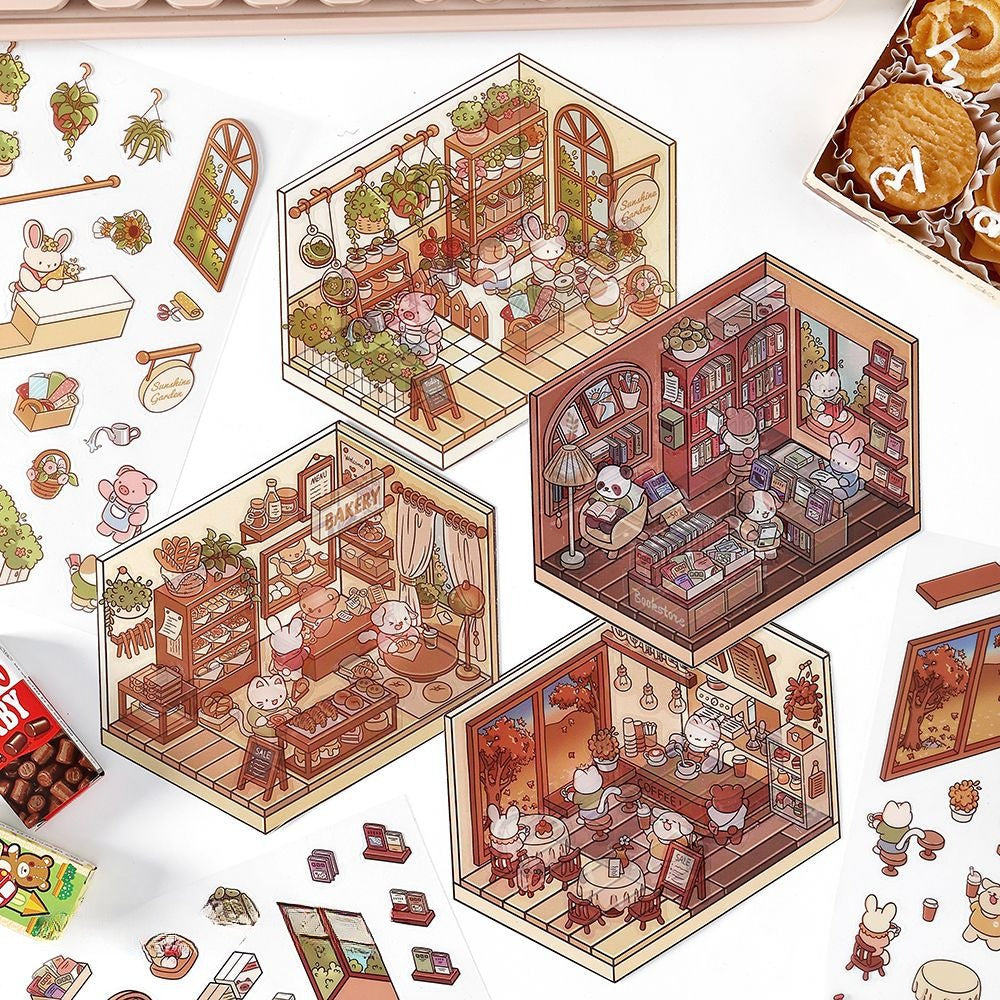 JRYY 2.5D DIY 3D Sticker Scene, Cute Cartoon Animal Patterns, Stress Relief Therapy Stickers for Adults & Kids, Reusable Isometric Scene Stickers, Gift for Craft Lovers