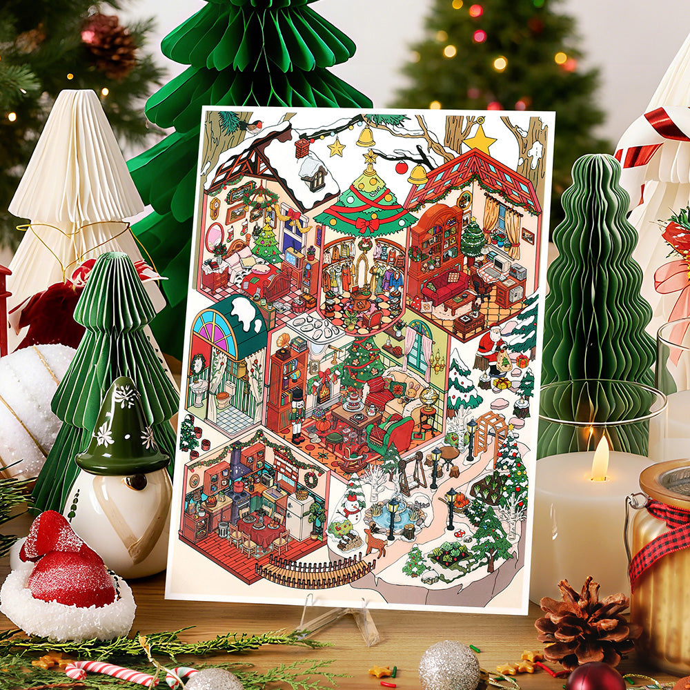 WDXW-13 Christmas House 3D Scene Sticker Set, 9.8 x 7 inch Large Format Holiday Themed Decorative Stickers, Interactive Stress Relief Activity Scene, Winter Wonderland Collection,