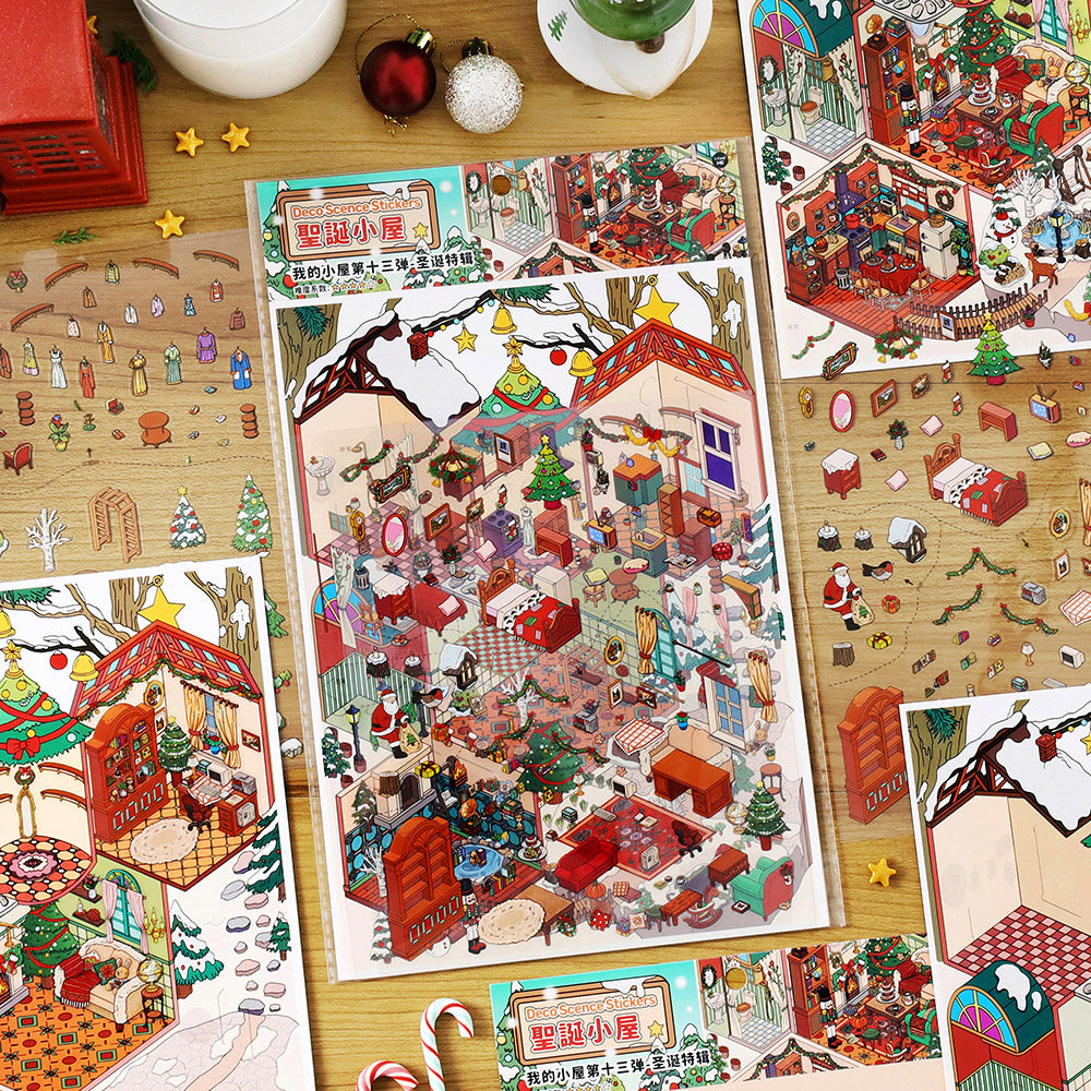 WDXW-13 Christmas House 3D Scene Sticker Set, 9.8 x 7 inch Large Format Holiday Themed Decorative Stickers, Interactive Stress Relief Activity Scene, Winter Wonderland Collection,