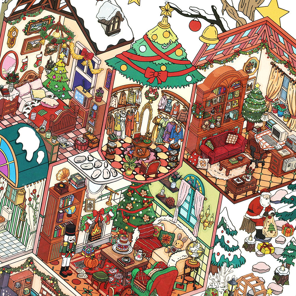 WDXW-13 Christmas House 3D Scene Sticker Set, 9.8 x 7 inch Large Format Holiday Themed Decorative Stickers, Interactive Stress Relief Activity Scene, Winter Wonderland Collection,