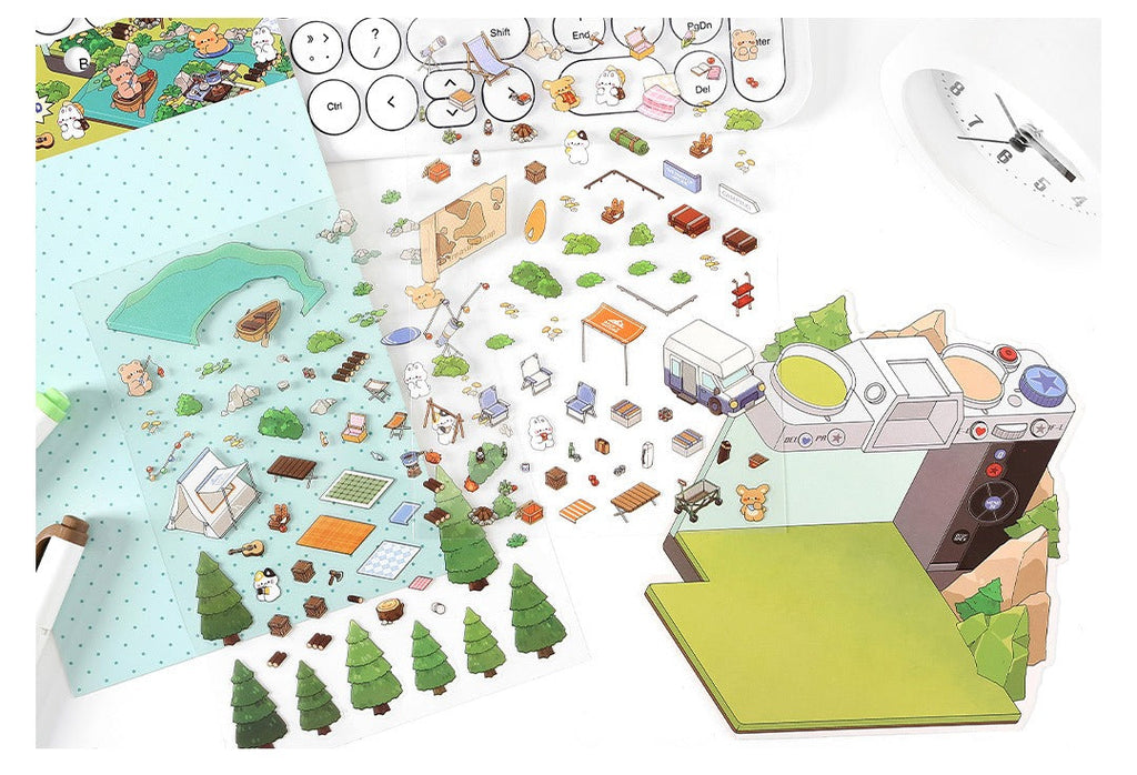 JRYY Drop 6 DIY 3Dステッカーシーン、かわいい漫画動物柄、大人と子供向けのストレス解消セラピーステッカー、再利用可能なアイソメトリックシーンステッカー、クラフト愛好家へのギフト
