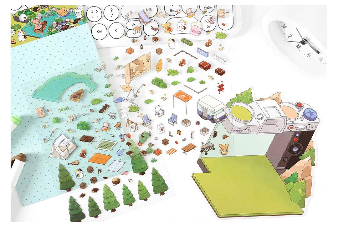 JRYY Drop 6 DIY 3D Sticker Scene, Cute Cartoon Animal Patterns, Stress Relief Therapy Stickers for Adults & Kids, Reusable Isometric Scene Stickers, Gift for Craft Lovers