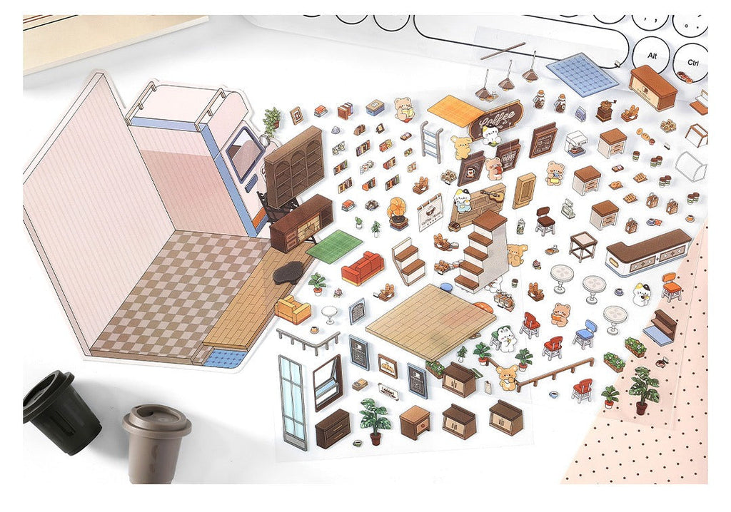 JRYY Drop 6 DIY 3Dステッカーシーン、かわいい漫画動物柄、大人と子供向けのストレス解消セラピーステッカー、再利用可能なアイソメトリックシーンステッカー、クラフト愛好家へのギフト