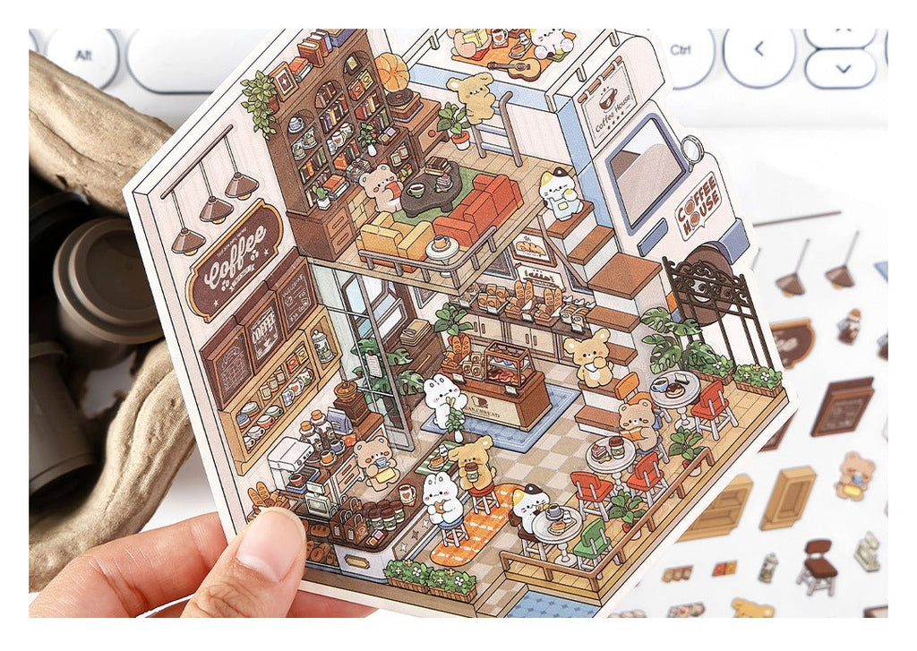JRYY Drop 6 DIY 3Dステッカーシーン、かわいい漫画動物柄、大人と子供向けのストレス解消セラピーステッカー、再利用可能なアイソメトリックシーンステッカー、クラフト愛好家へのギフト