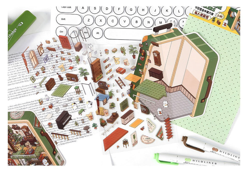 JRYY Drop 6 DIY 3Dステッカーシーン、かわいい漫画動物柄、大人と子供向けのストレス解消セラピーステッカー、再利用可能なアイソメトリックシーンステッカー、クラフト愛好家へのギフト