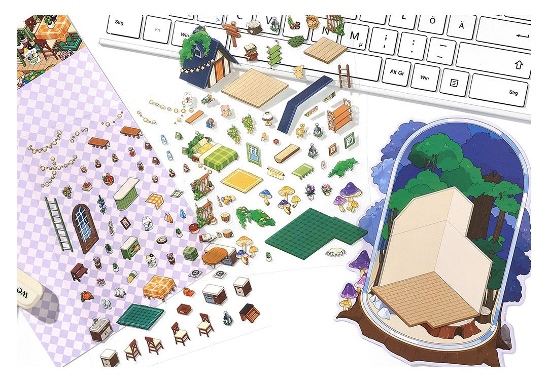 JRYY Drop 9 DIY 3D Sticker Scene, Cute Cartoon Animal Patterns, Stress Relief Therapy Stickers for Adults & Kids, Reusable Isometric Scene Stickers, Gift for Craft Lovers