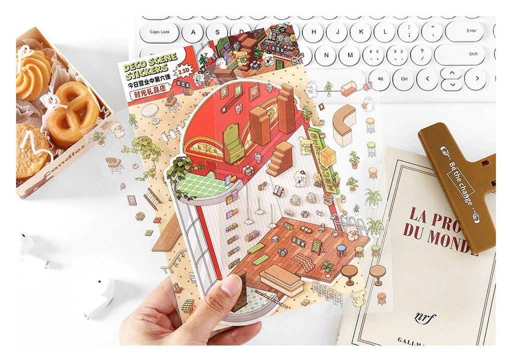 JRYY Drop 6 DIY 3Dステッカーシーン、かわいい漫画動物柄、大人と子供向けのストレス解消セラピーステッカー、再利用可能なアイソメトリックシーンステッカー、クラフト愛好家へのギフト