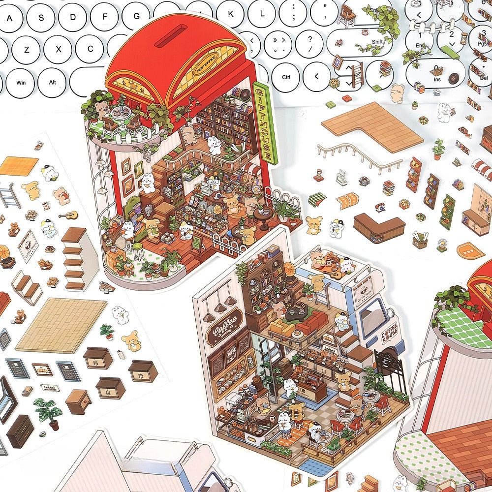 JRYY Drop 6 DIY 3Dステッカーシーン、かわいい漫画動物柄、大人と子供向けのストレス解消セラピーステッカー、再利用可能なアイソメトリックシーンステッカー、クラフト愛好家へのギフト