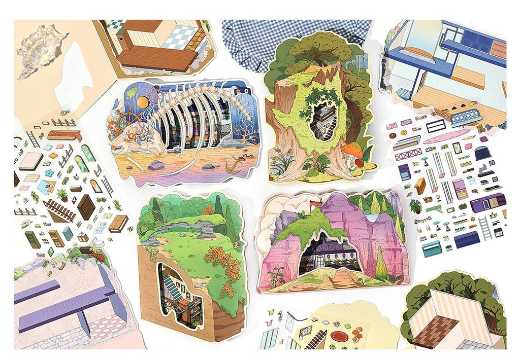 MR Drop 7 2.5D Scenes Sticker DIY Cute Cartoon Animal Patterns, Stress Relief Therapy Stickers for Adults & Kids, Reusable Isometric Scene Stickers, Gift for Craft Lovers