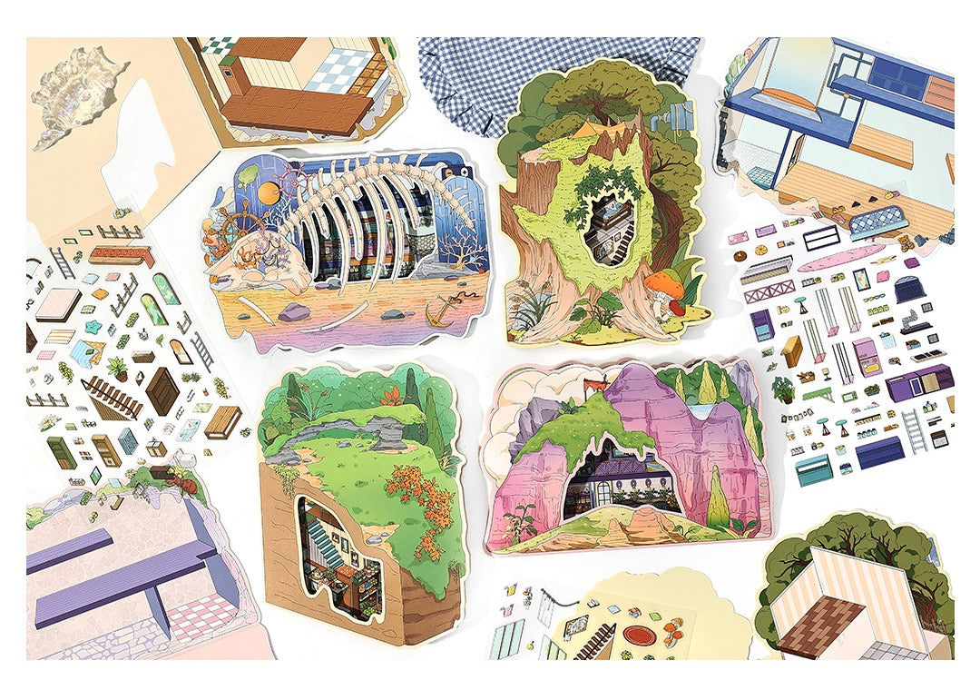 MR Drop 7 2.5D Scenes Sticker DIY Cute Cartoon Animal Patterns, Stress Relief Therapy Stickers for Adults & Kids, Reusable Isometric Scene Stickers, Gift for Craft Lovers