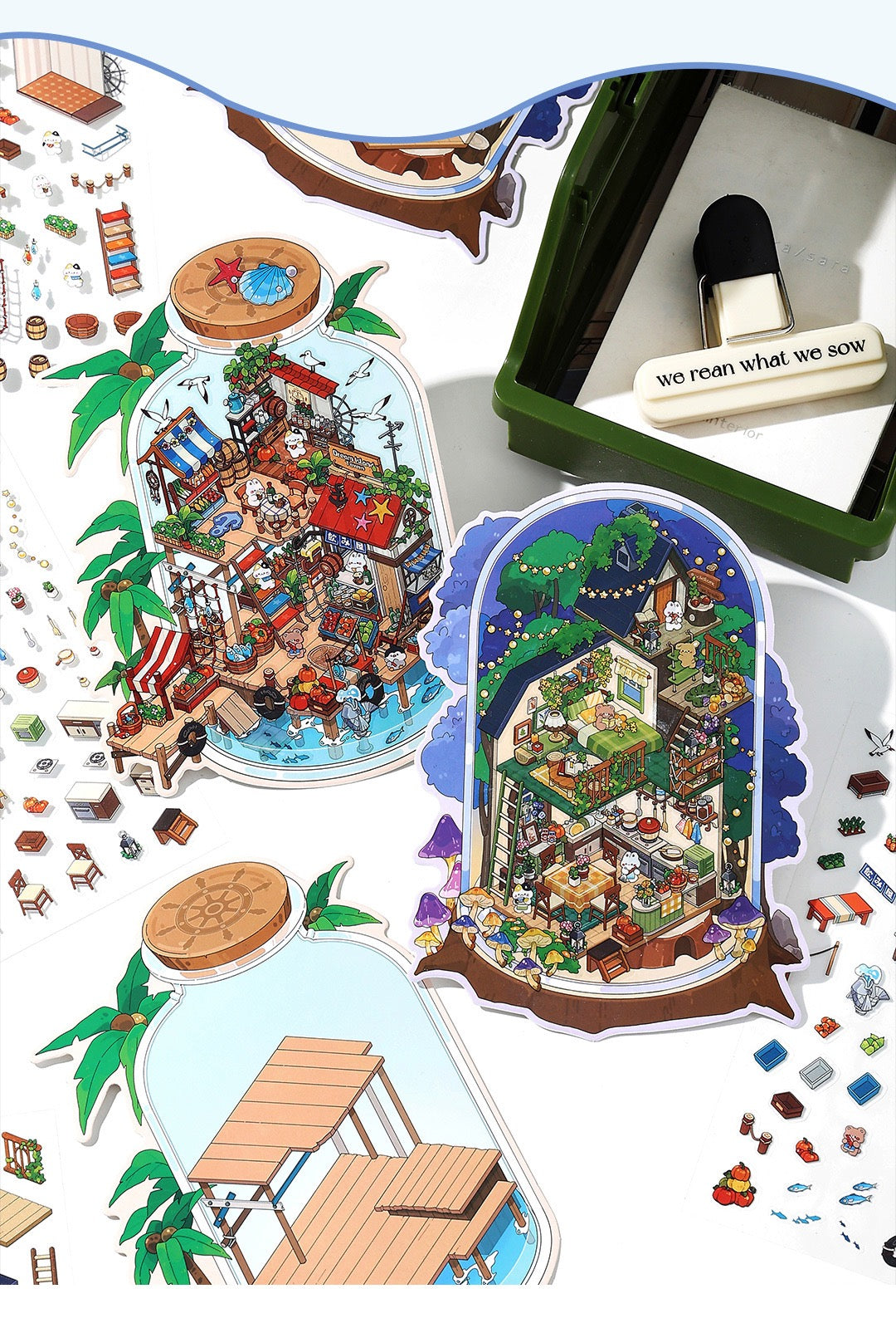 JRYY Drop 9 DIY 3D Sticker Scene, Cute Cartoon Animal Patterns, Stress Relief Therapy Stickers for Adults & Kids, Reusable Isometric Scene Stickers, Gift for Craft Lovers