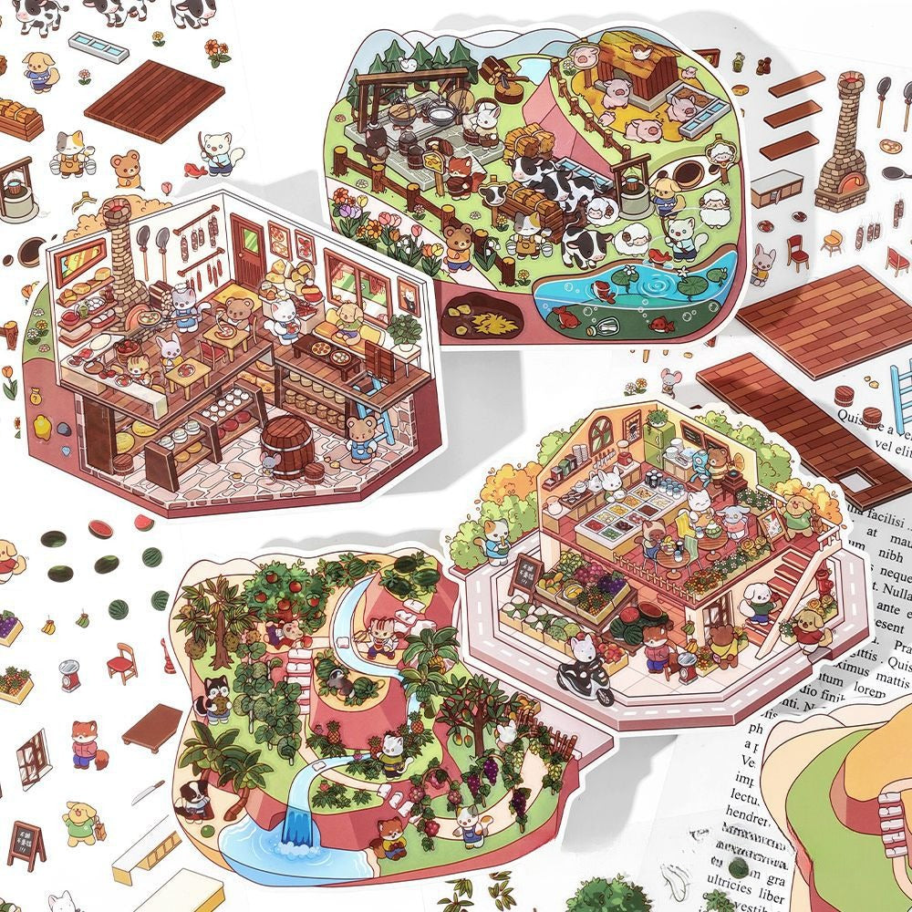 JRYY 2.5D DIY 3D Sticker Scene, Cute Cartoon Animal Patterns, Stress Relief Therapy Stickers for Adults & Kids, Reusable Isometric Scene Stickers, Gift for Craft Lovers