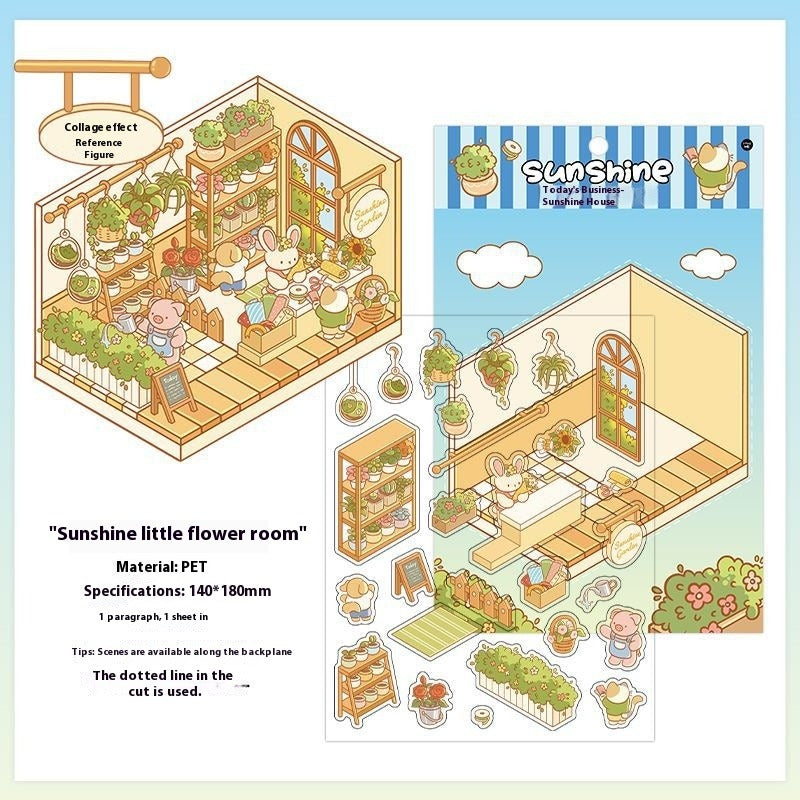 JRYY-Serie 2.5D DIY 3D-Aufkleberszene, niedliche Cartoon-Tiermuster, Stressabbau-Therapieaufkleber für Erwachsene und Kinder, wiederverwendbare isometrische Szenenaufkleber, Geschenk für Bastelliebhaber 