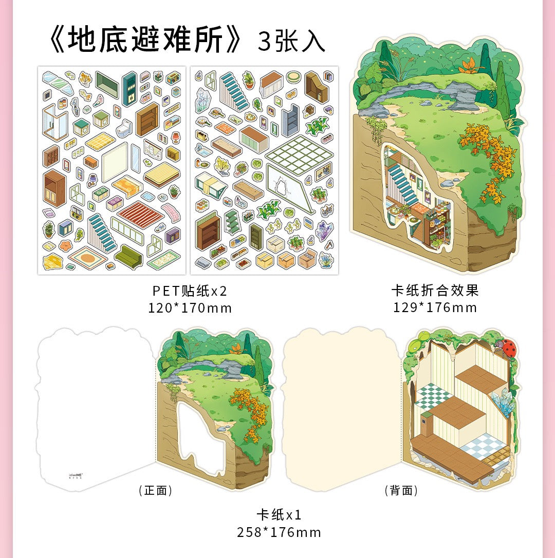 MR Drop 7 2.5D Scenes Sticker DIY Cute Cartoon Animal Patterns, Stress Relief Therapy Stickers for Adults & Kids, Reusable Isometric Scene Stickers, Gift for Craft Lovers