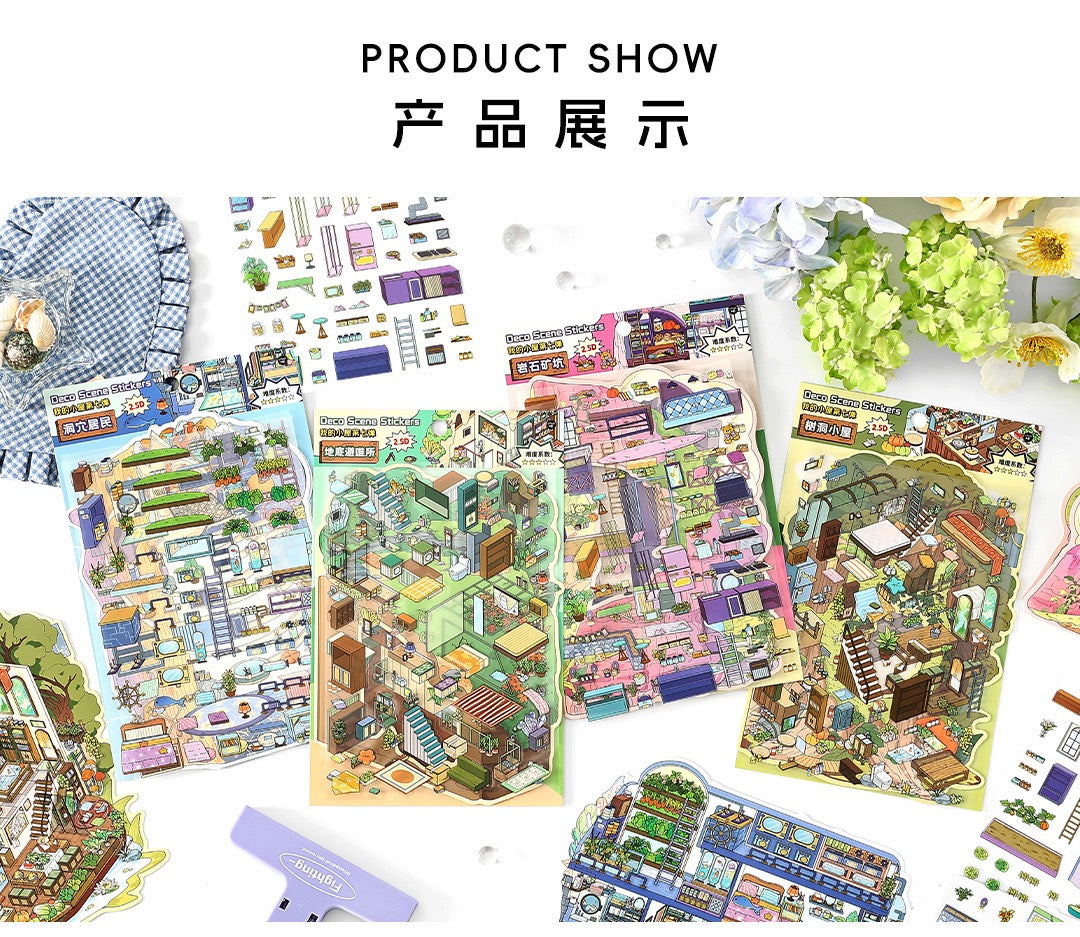 MR Drop 7 2.5D Scenes Sticker DIY Cute Cartoon Animal Patterns, Stress Relief Therapy Stickers for Adults & Kids, Reusable Isometric Scene Stickers, Gift for Craft Lovers