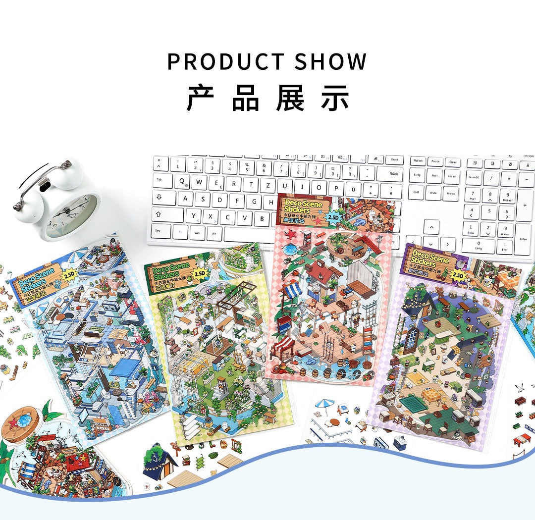 JRYY Drop 9 DIY 3D Sticker Scene, Cute Cartoon Animal Patterns, Stress Relief Therapy Stickers for Adults & Kids, Reusable Isometric Scene Stickers, Gift for Craft Lovers