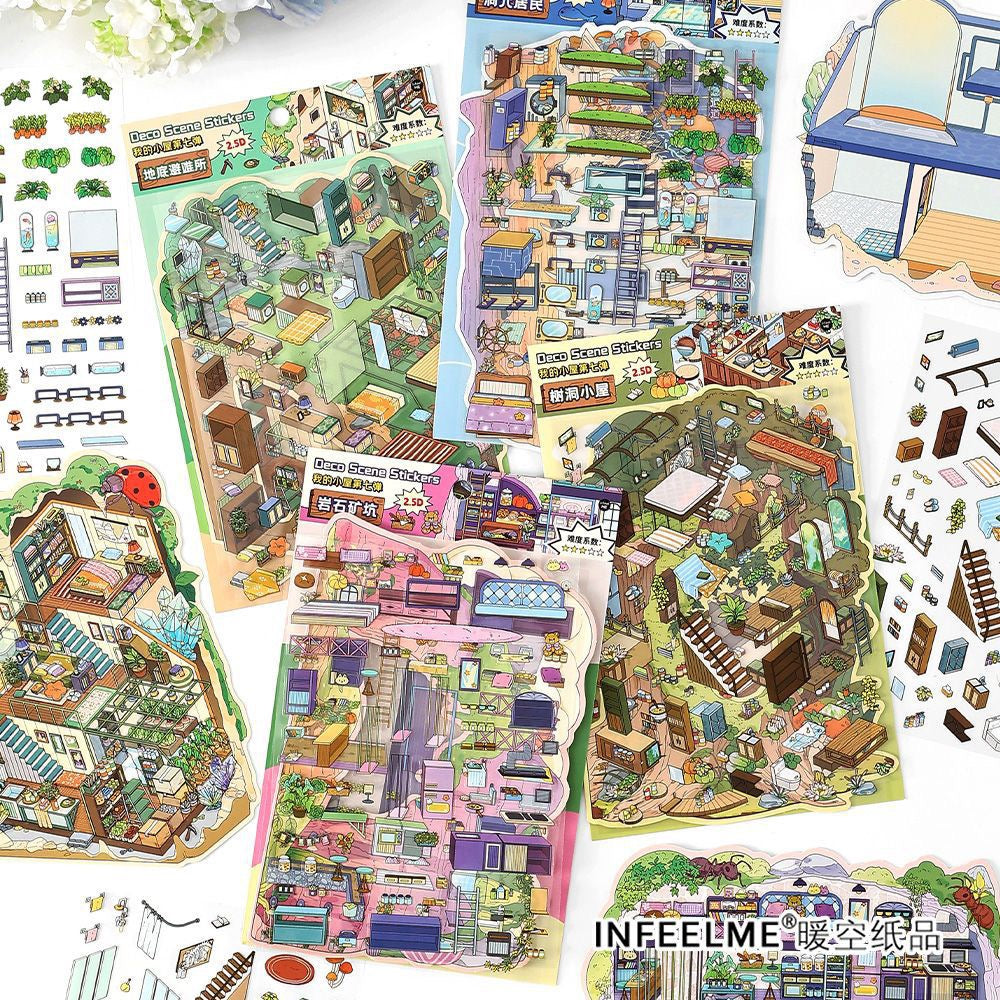 MR Drop 7 2.5D Scenes Sticker DIY Cute Cartoon Animal Patterns, Stress Relief Therapy Stickers for Adults & Kids, Reusable Isometric Scene Stickers, Gift for Craft Lovers