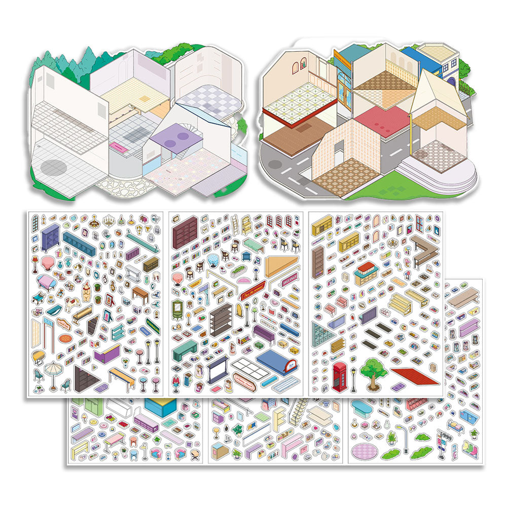JRYY-22 2 Set Large DIY Miniature Landscape Sticker Set 9.7 x 7 inch, Scene Sticker Over 500 Pieces Decorative Elements, Creative Home Decor, Stress Relief Activity Kit